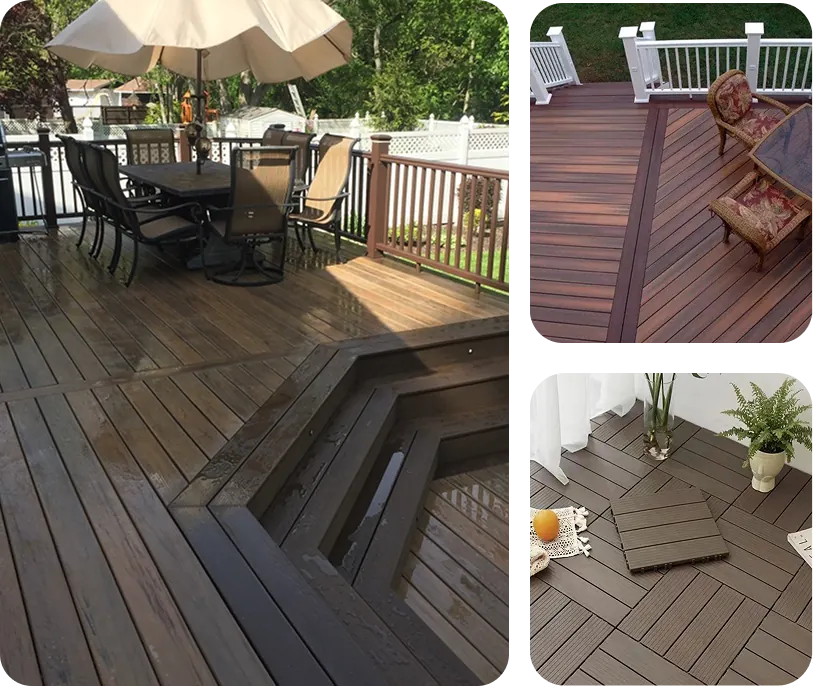 Collage of three outdoor decking styles with furniture