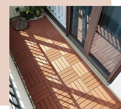 Interlocking wood-look decking tiles on a balcony floor.
