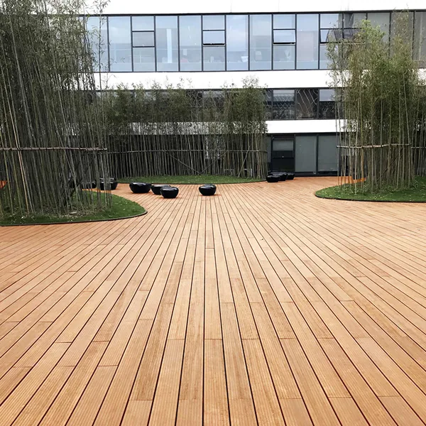Light-toned bamboo plank flooring in an outdoor courtyard