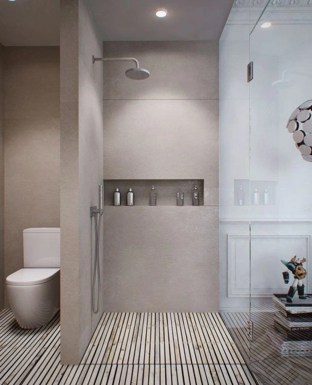 Modern shower with wood slat floor and concrete walls
