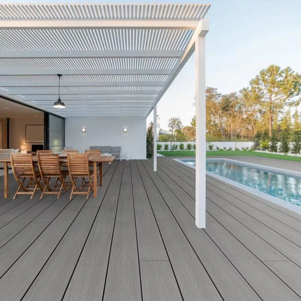 Outdoor pool deck with grey wood-look planks